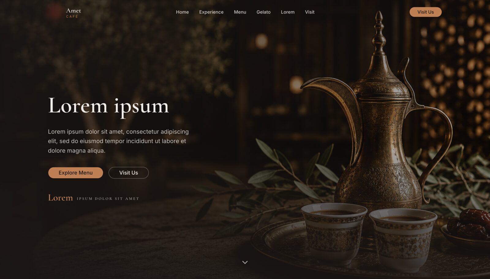 Dark, moody café concept lit in warm gold, showing an ornate coffee pot and cups on a tray behind a serif headline
