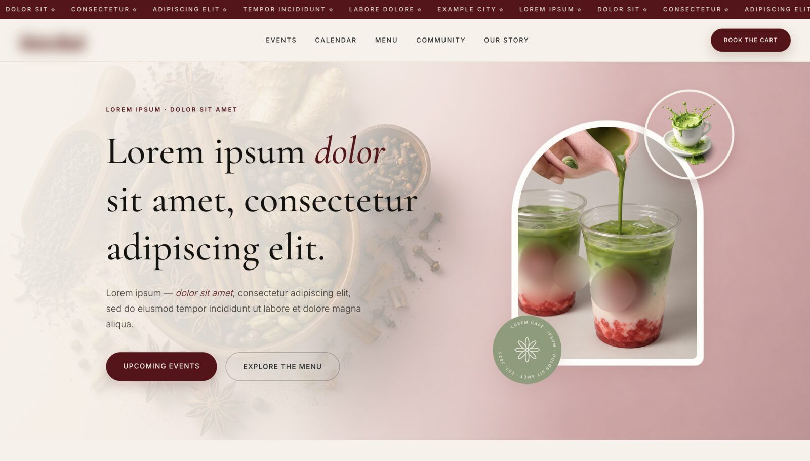 Editorial café concept in dusty pink and deep red, with a scrolling location ticker, arched product photo, and a booking call to action