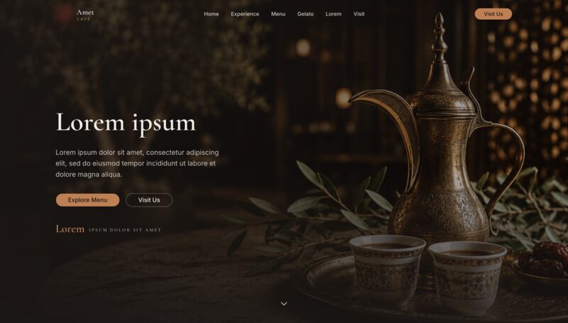 Dark, moody café concept lit in warm gold, showing an ornate coffee pot and cups on a tray behind a serif headline