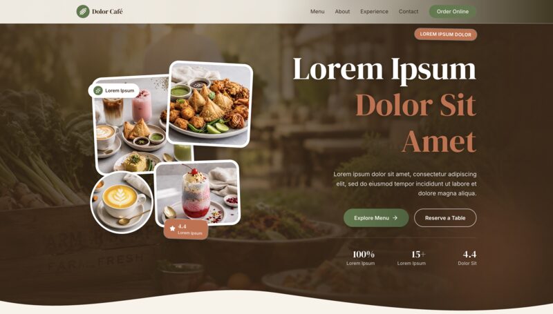 Café landing page concept with a tilted collage of coffee and appetiser photos beside a large serif headline and ordering buttons
