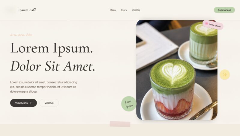 Minimal café concept on a cream background with a large serif headline, hand-drawn sticker accents, and a matcha latte photo