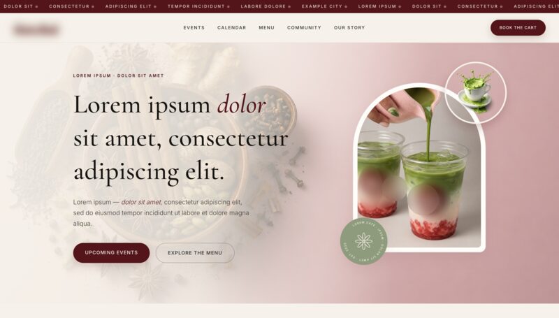 Editorial café concept in dusty pink and deep red, with a scrolling location ticker, arched product photo, and a booking call to action