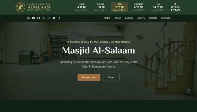 Masjid Al-Salaam home page, with the day's prayer times running across the top and a photo of the prayer hall behind the welcome message